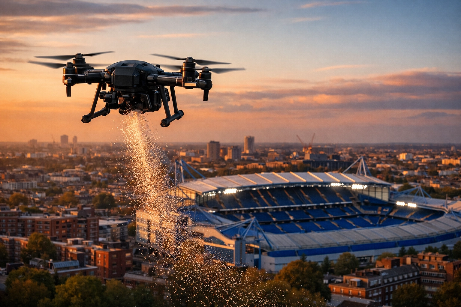 Drone ash scattering ceremony overlooking Chelsea FC's Stamford Bridge stadium in Fulham at sunset.
