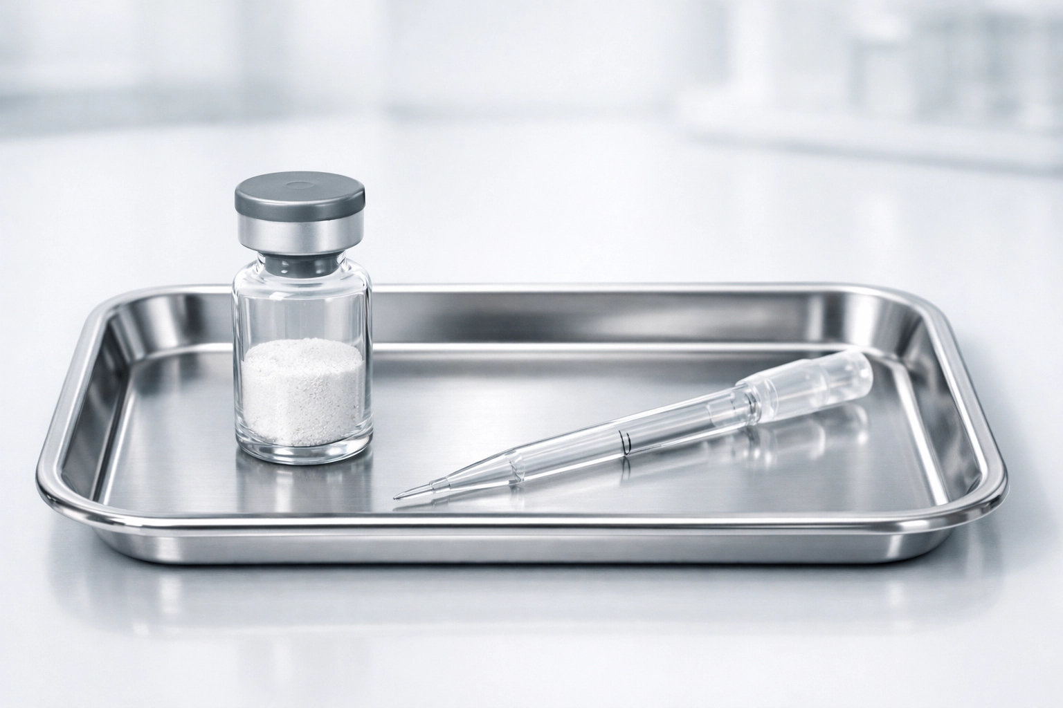 Sterile laboratory setting showing a peptide vial on a tray for purity and quality testing.