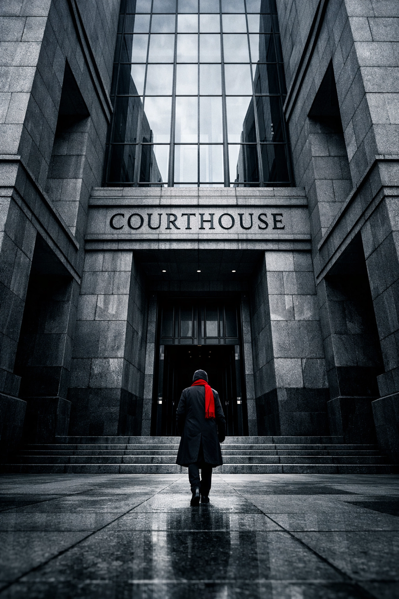 A person entering a modern courthouse during winter for the ongoing sexual assault trial proceedings.