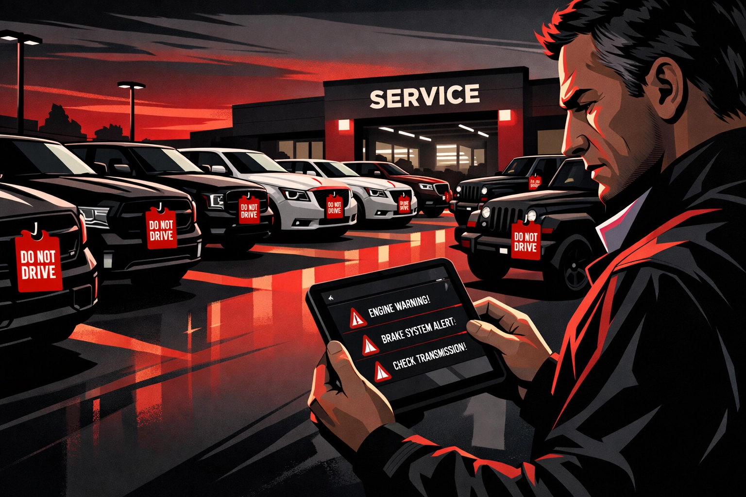 Stellantis vehicles with Do Not Drive recall tags at dealership service department