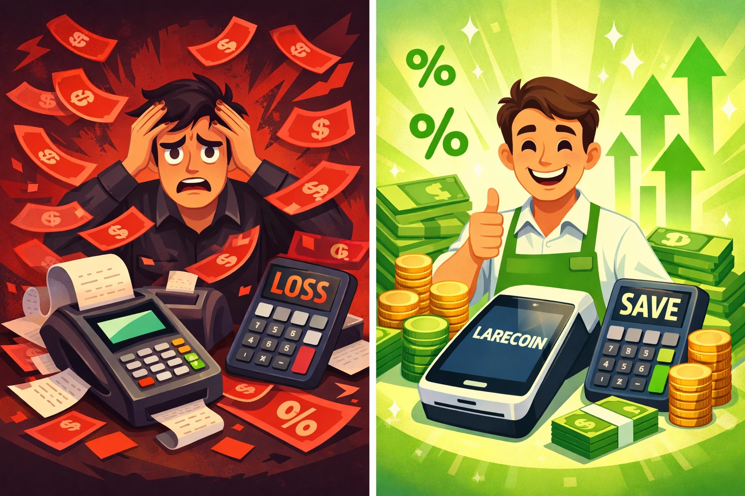 Merchant comparing traditional payment fees vs Larecoin showing 50% cost savings