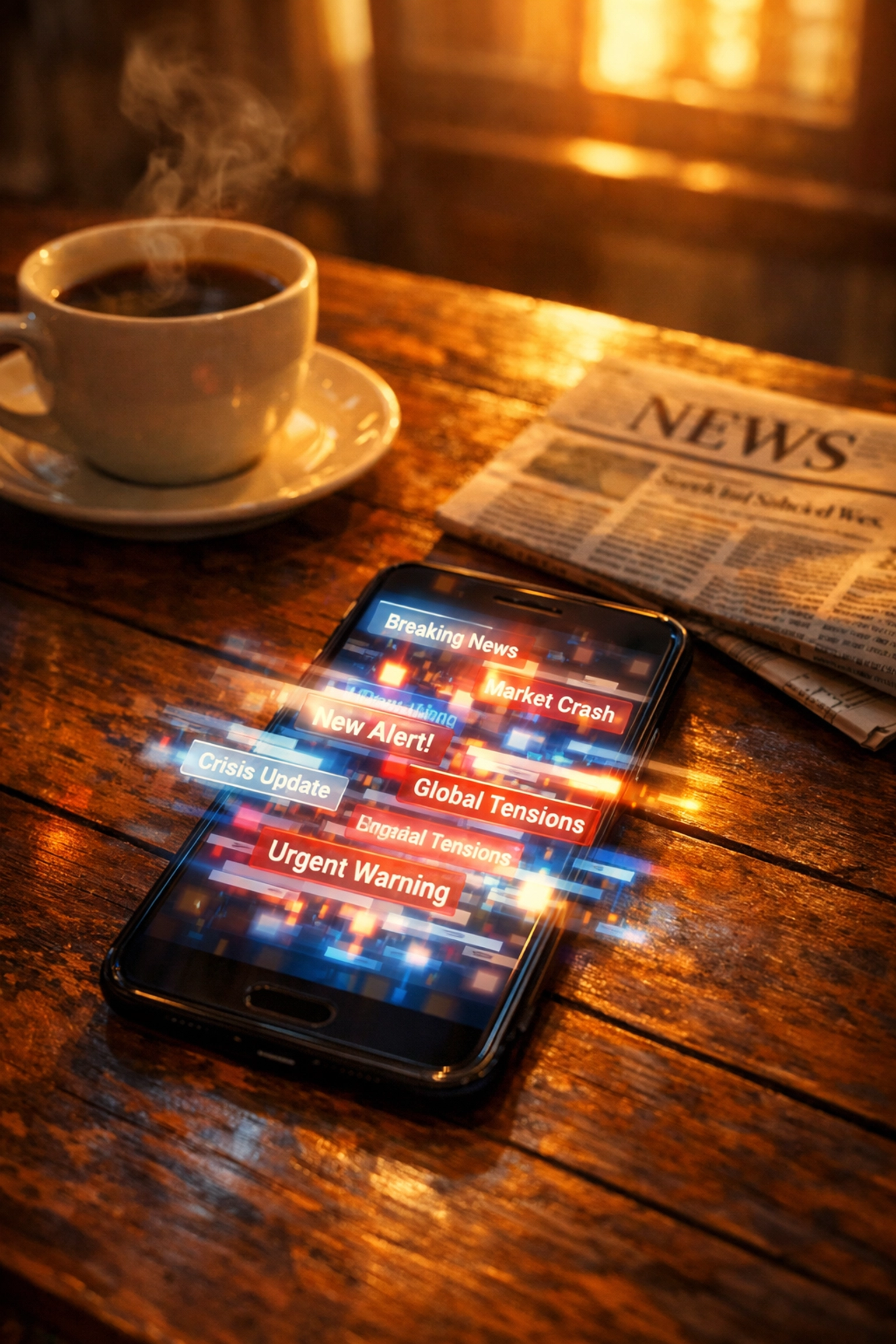 Smartphone with overwhelming news notifications on breakfast table with coffee and newspaper