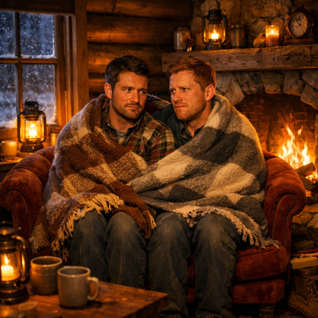 Two men sitting close on a loveseat in a snowy cabin, illustrating the forced proximity trope.