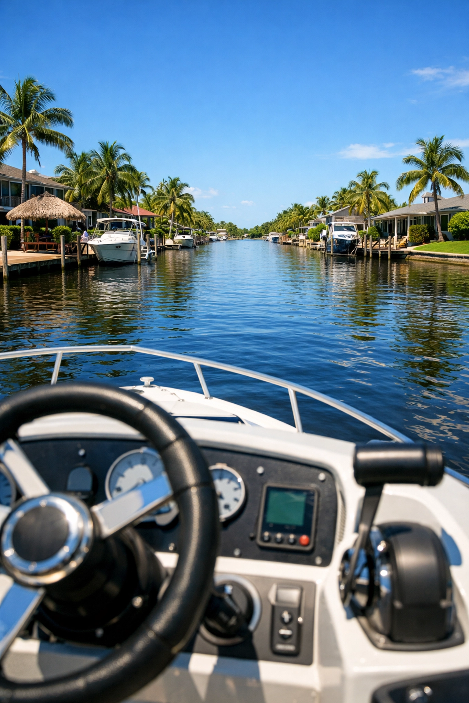 Navigating Cape Coral canal waterway from boat showing canal width and homes