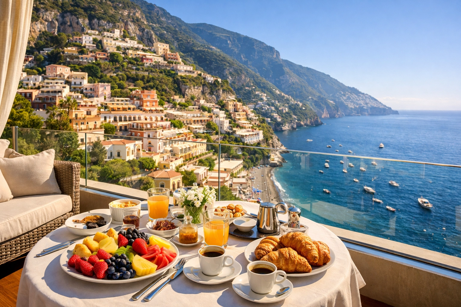 Private suite balcony with breakfast overlooking the colorful hillside of the Amalfi Coast.