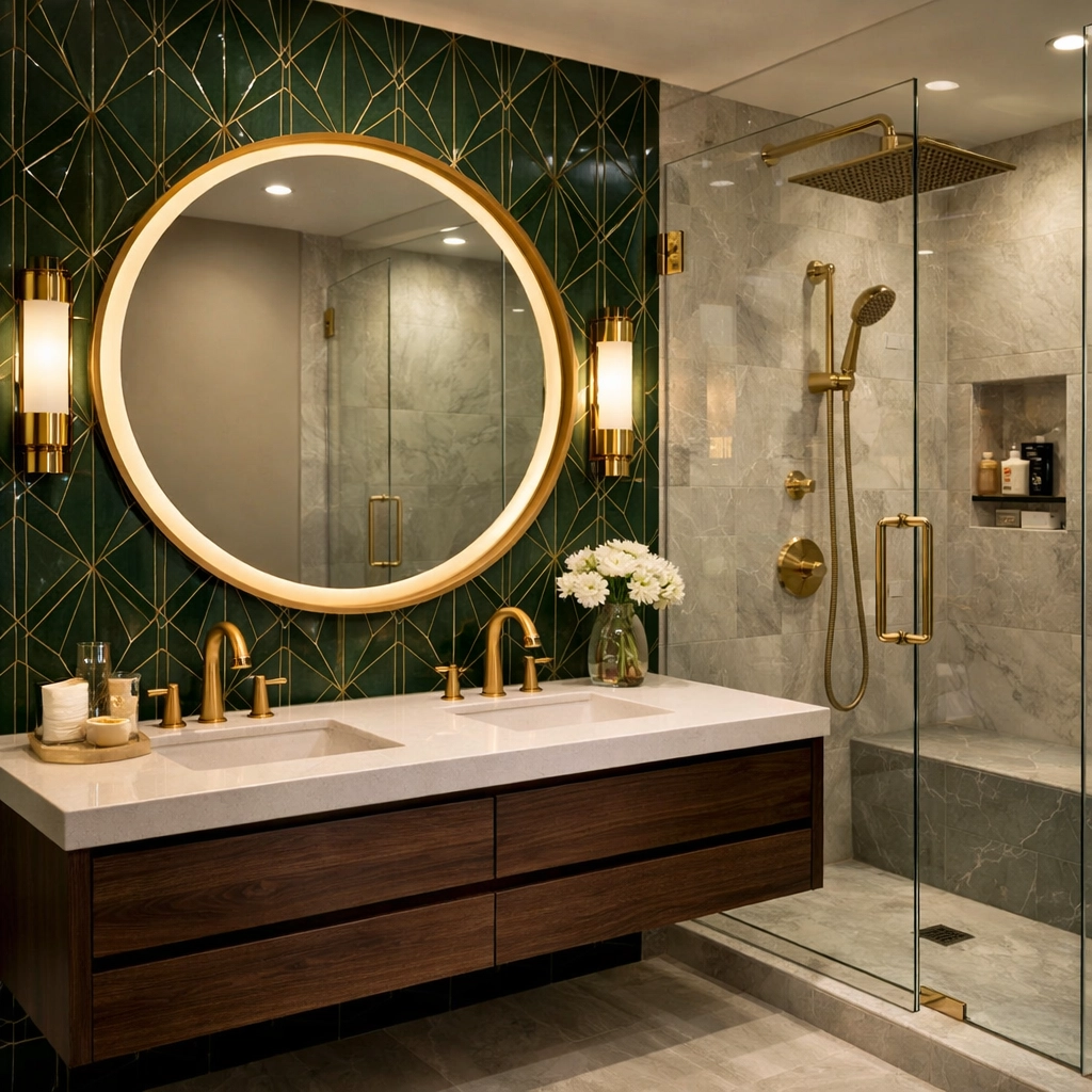 Luxury bathroom renovation Orlando featuring emerald green tiles, gold fixtures, and a modern walk-in shower.