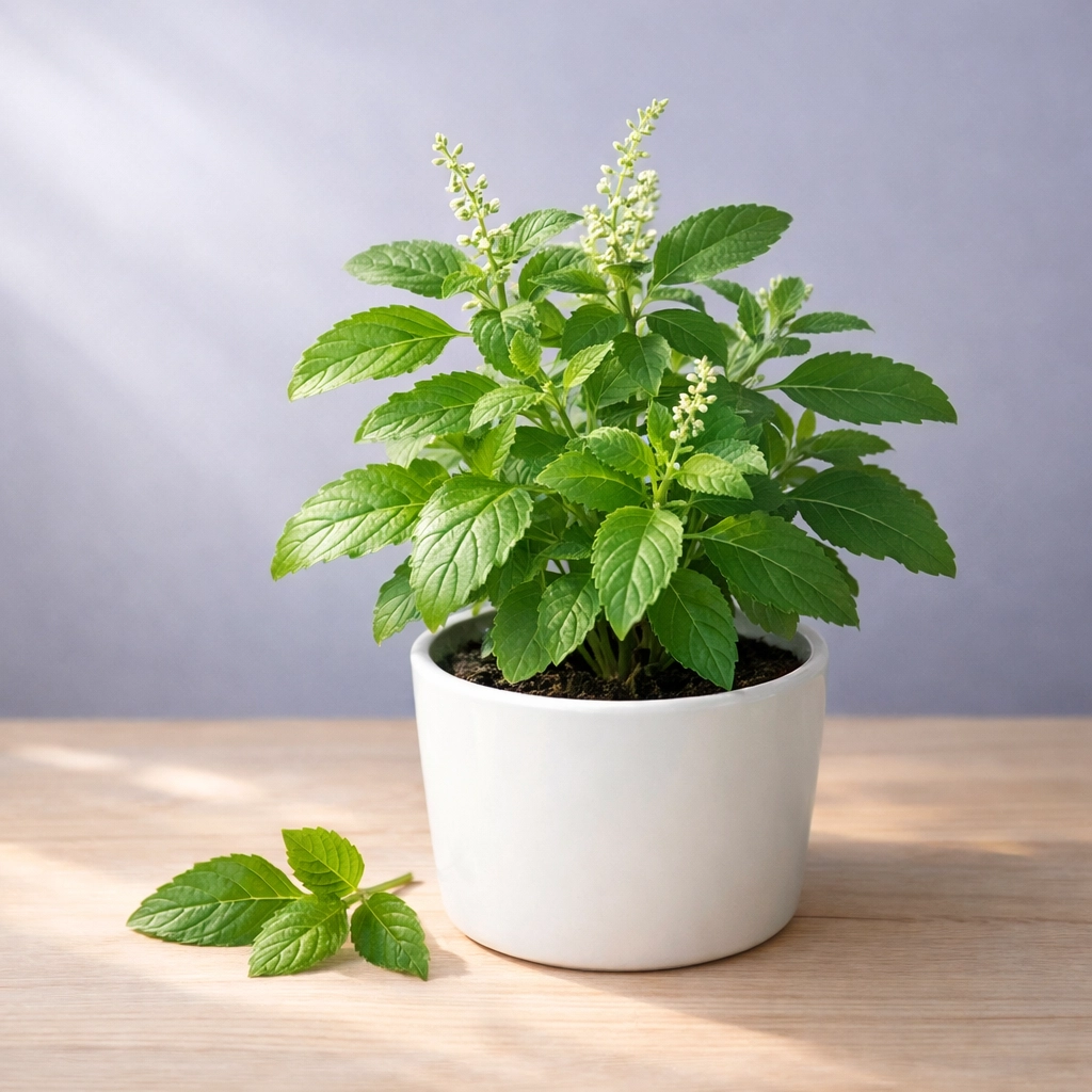Fresh holy basil tulsi plant in pot - calming adaptogenic herb for stress management