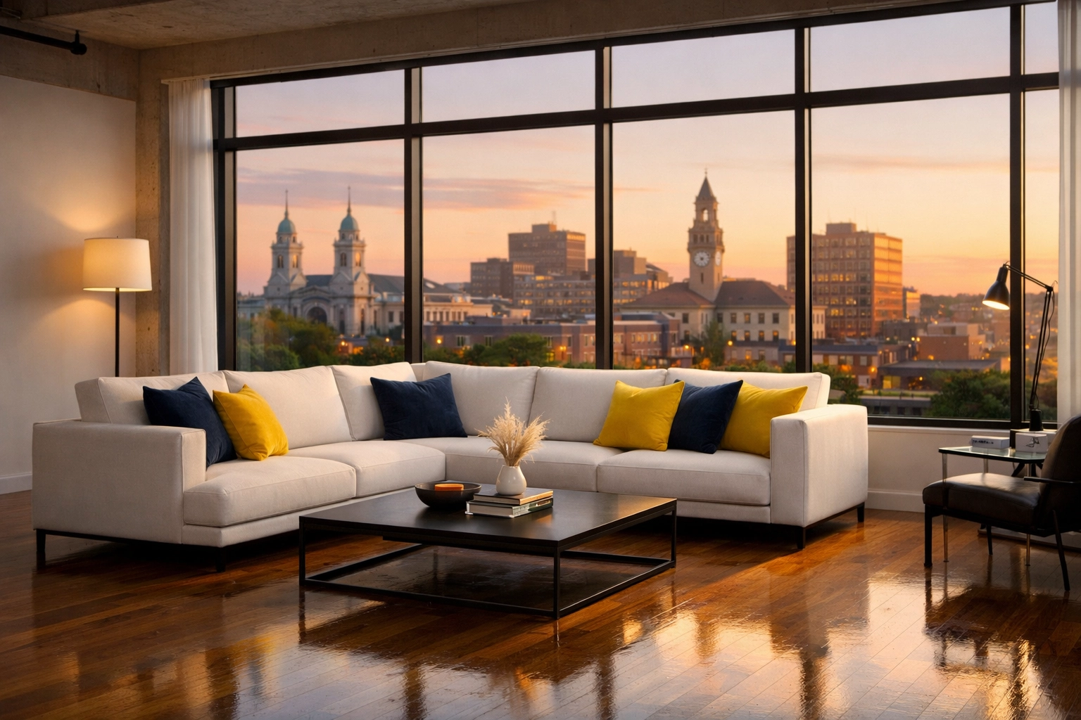 Modern clean loft living room in Worcester MA with city skyline views after professional house cleaning.