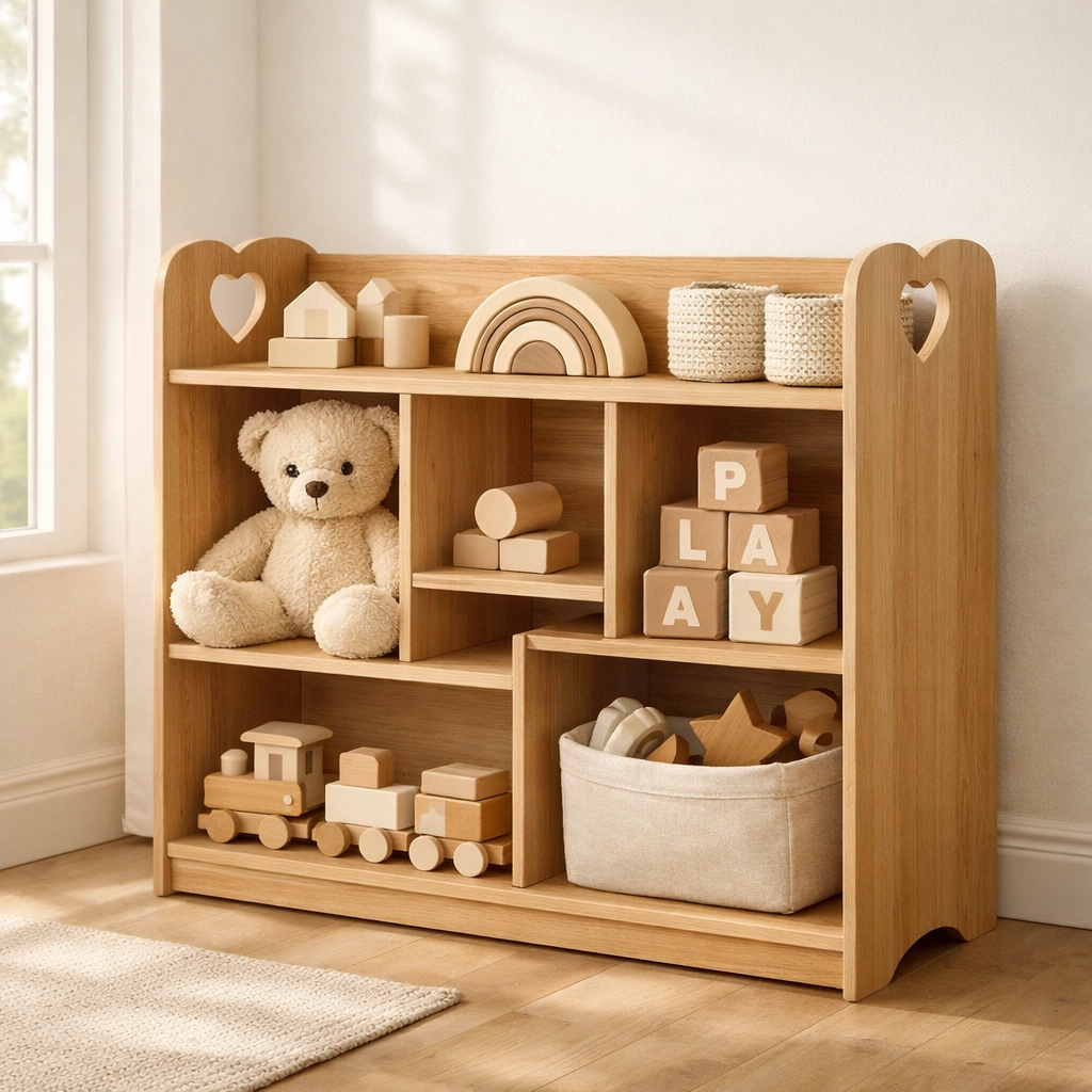 Natural wood 3-tier toy storage organizer with heart handles in a modern minimalist nursery.