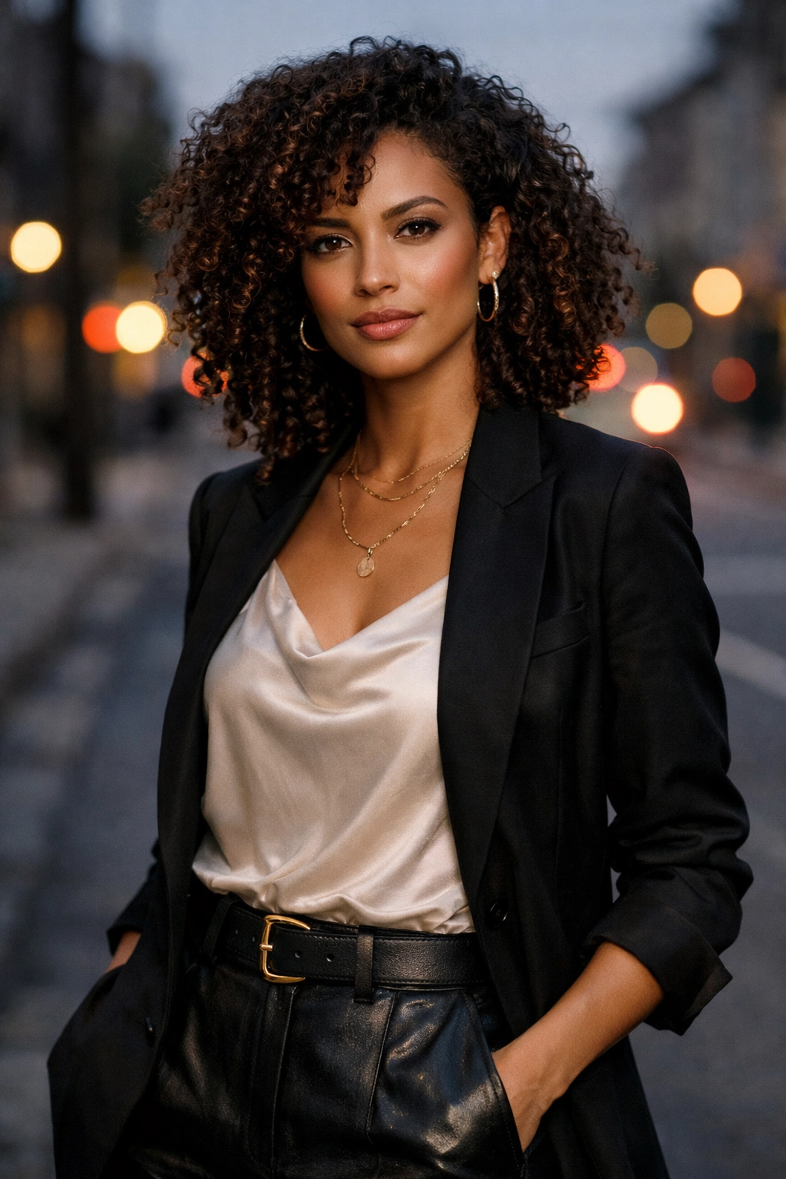 Professional portrait photography framing showing a woman in a mid-thigh crop using the rule of thirds.
