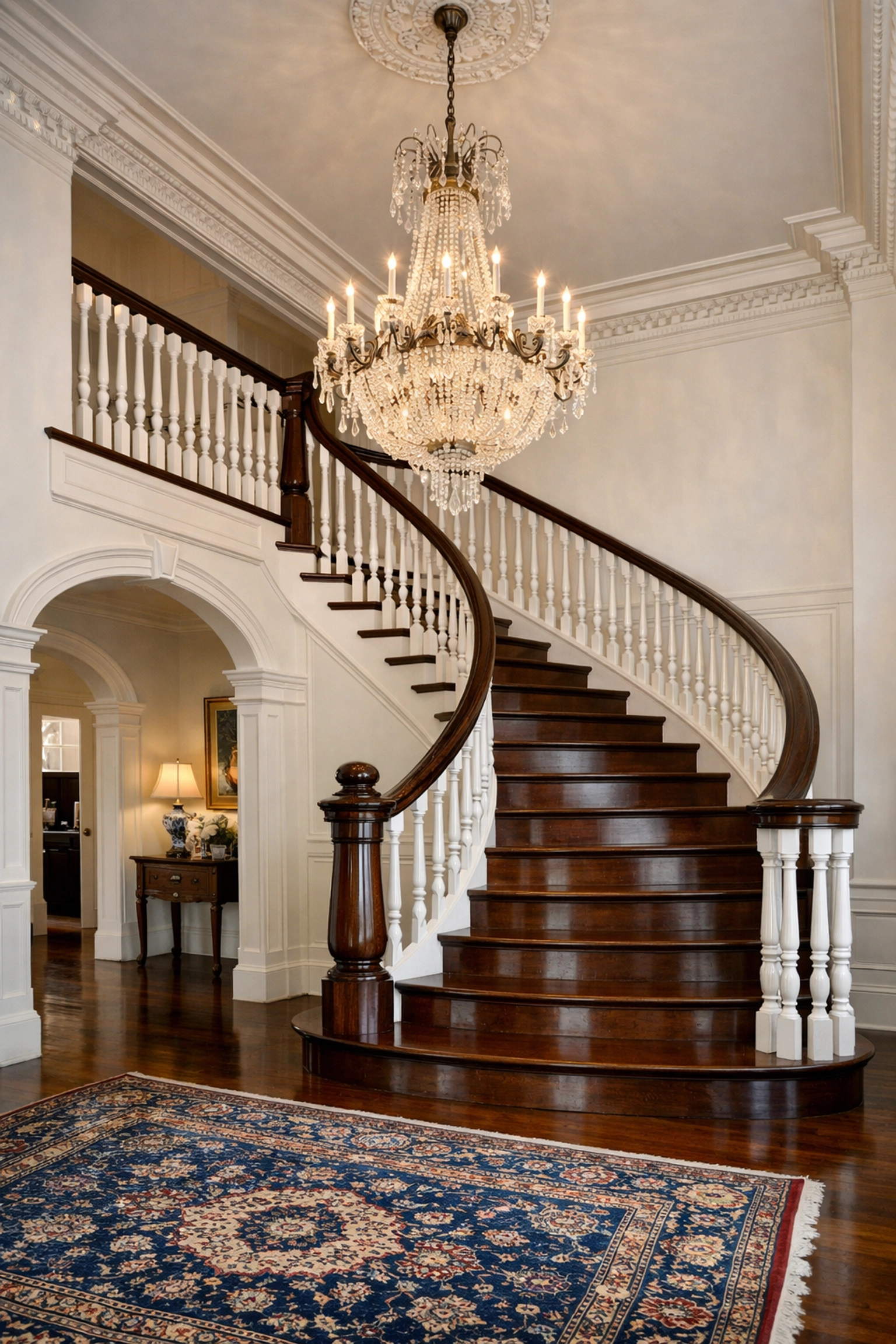 Detailed cleaning of a grand Colonial Revival foyer and mahogany staircase in Lexington, MA.