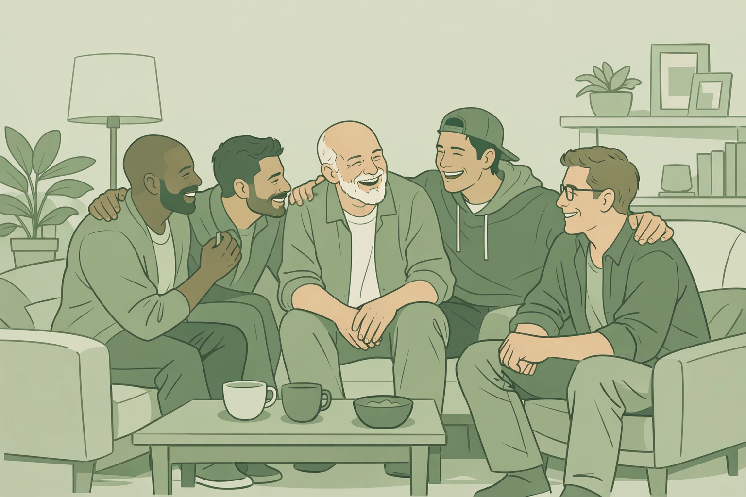 Chosen family of gay men gathering together celebrating LGBTQ+ community and acceptance