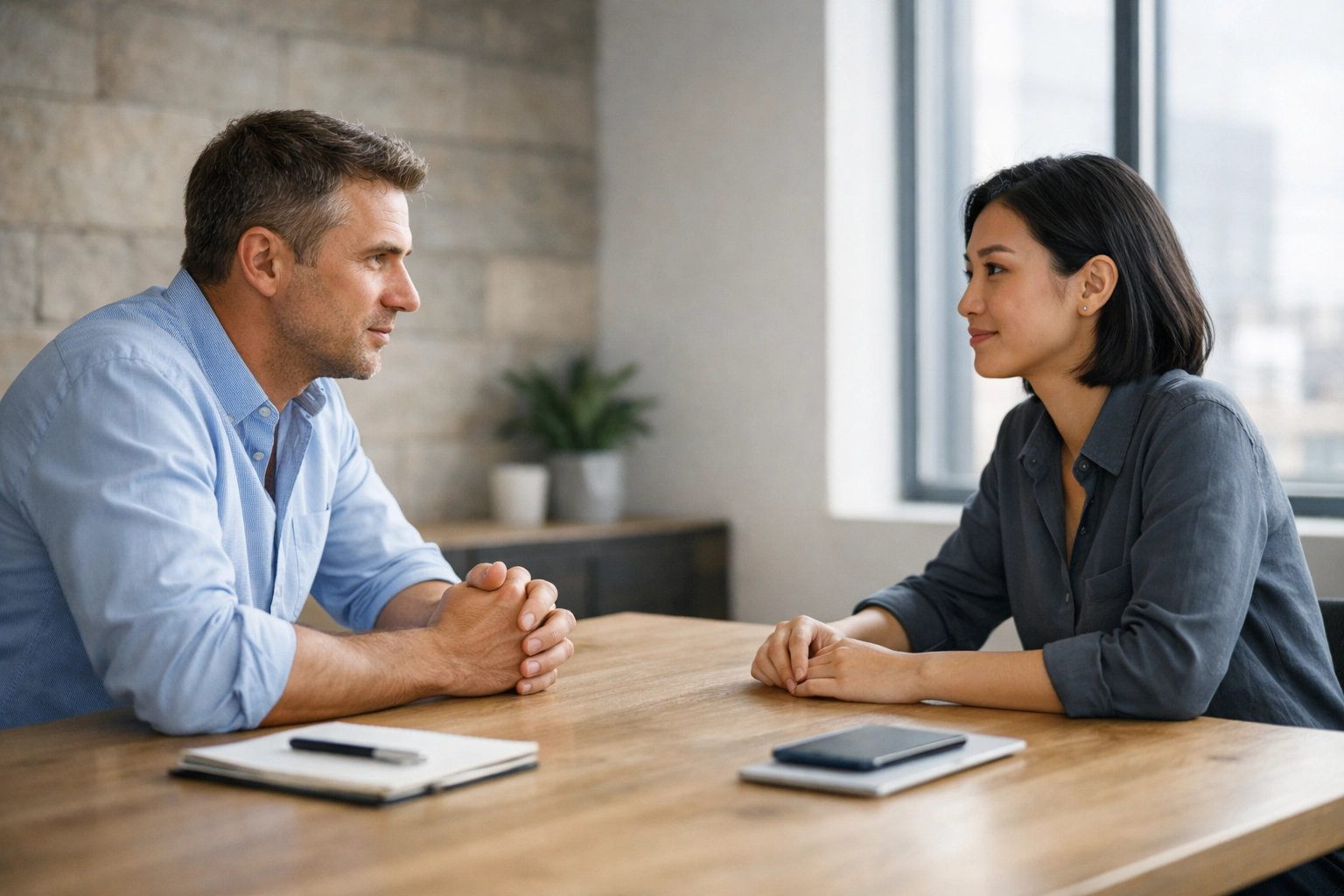 Two Christian leaders having a direct confrontation conversation in a bright office setting Two Christian leaders having a direct confrontation conversation in a bright office setting
