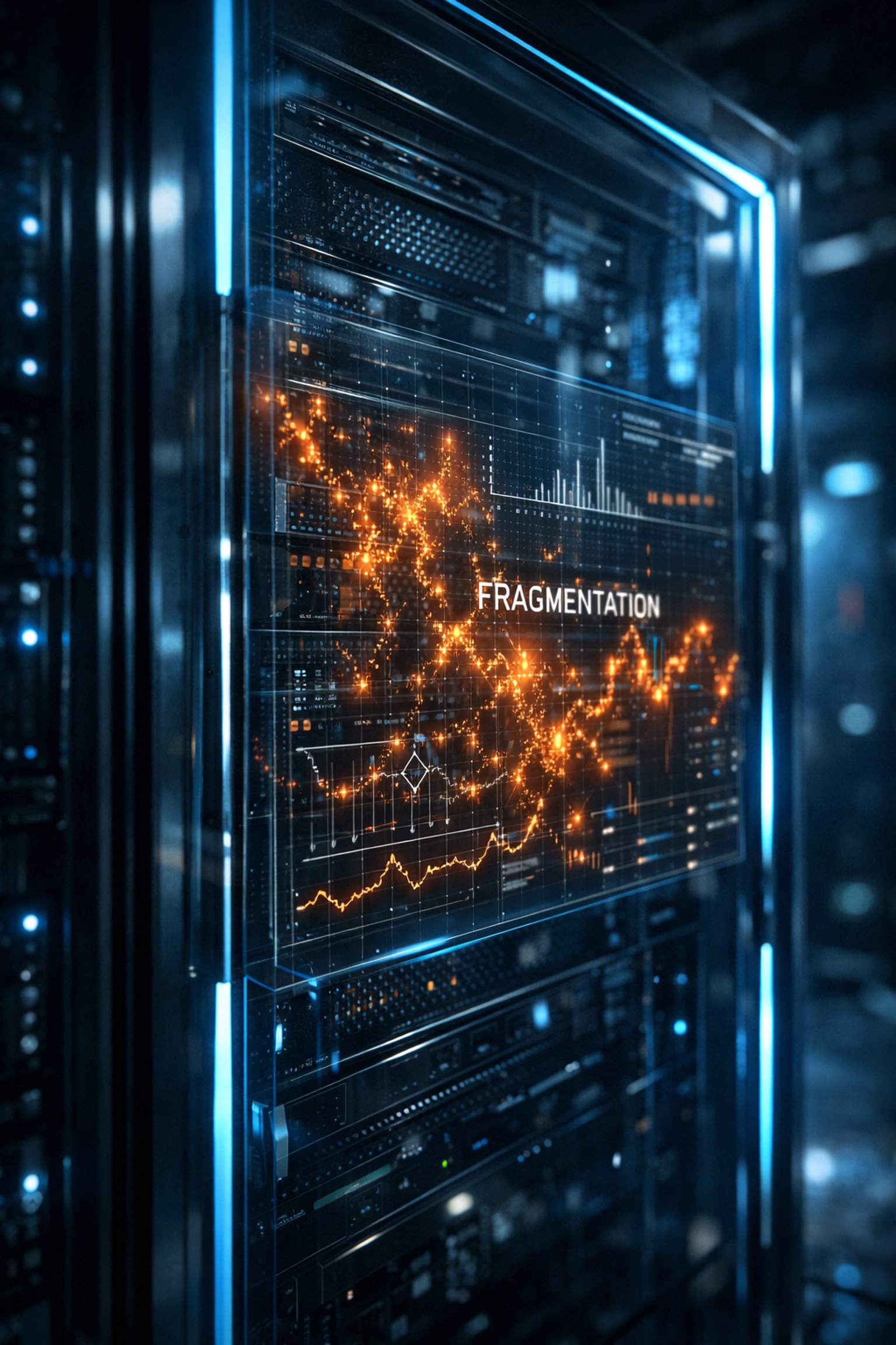 Futuristic server rack showing digital fragmentation and database bloat requiring wordpress maintenance services.