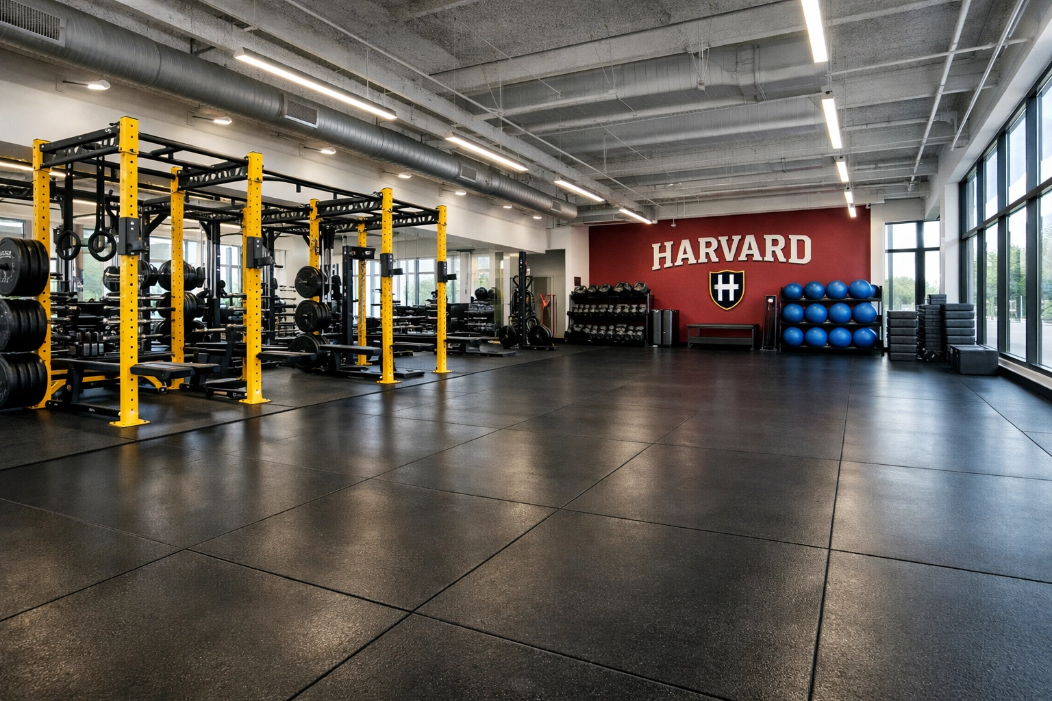 Deep-cleaned gym floor mats and weight equipment in a Harvard fitness facility.