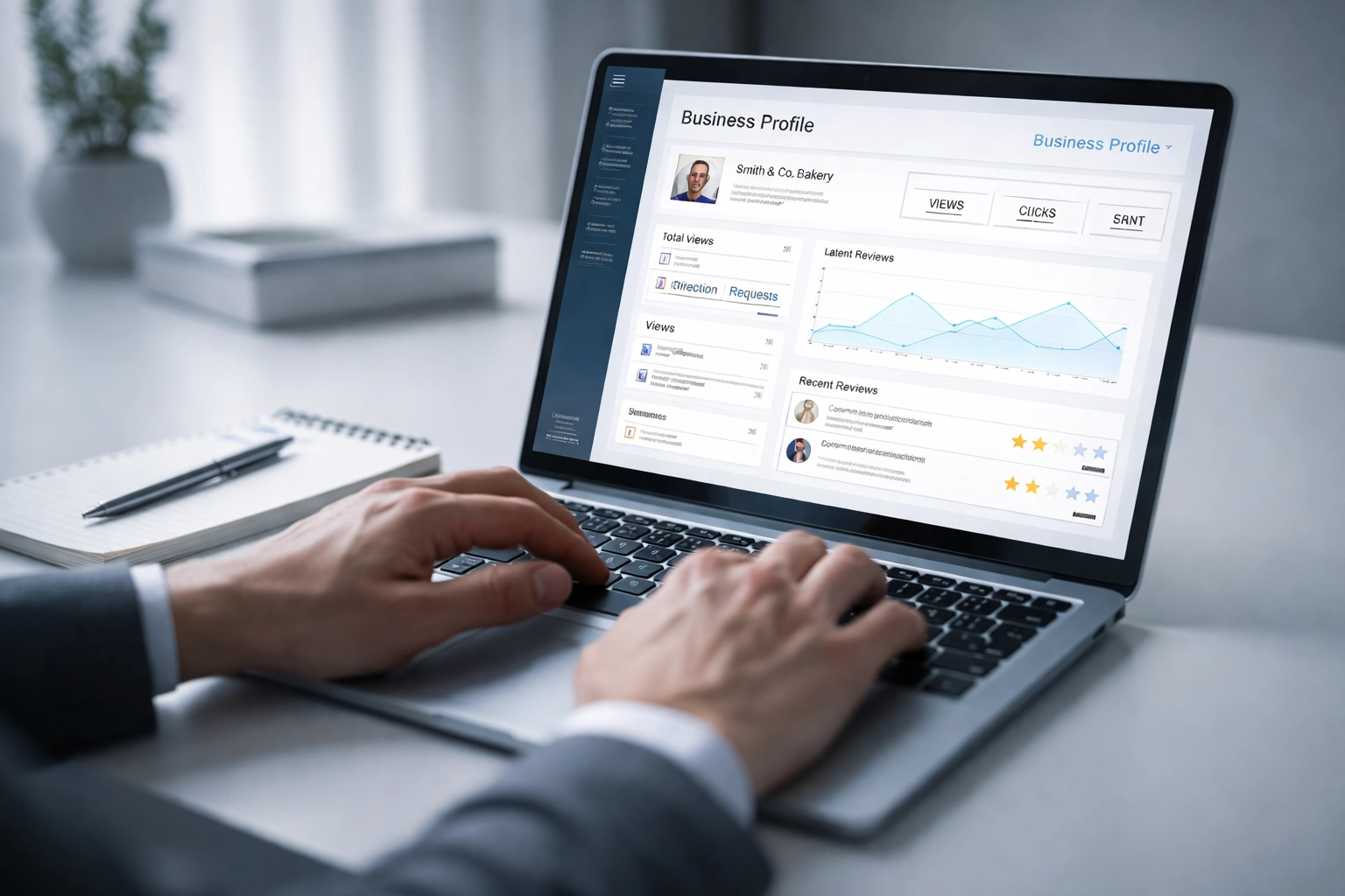 Business owner updating Google Business Profile on laptop in modern office, highlighting accuracy and local SEO clarity.