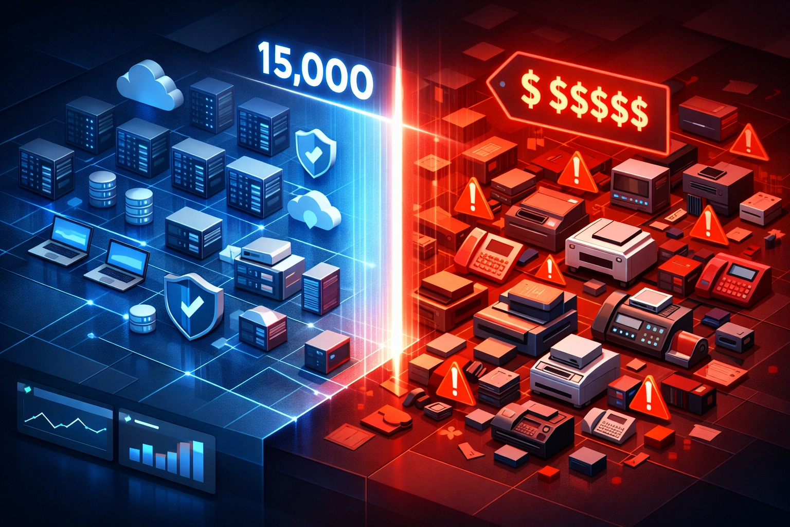 ServiceNow ITOM asset discovery threshold visualization showing 15,000-asset licensing cost escalation