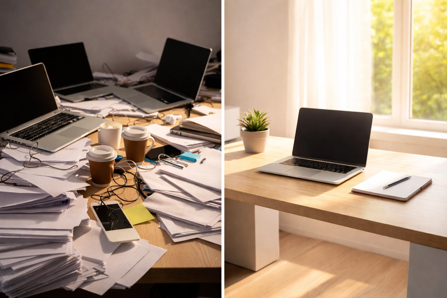 Side-by-side workspaces showing cluttered confusion versus clear, minimalist organization, emphasizing USP clarity
