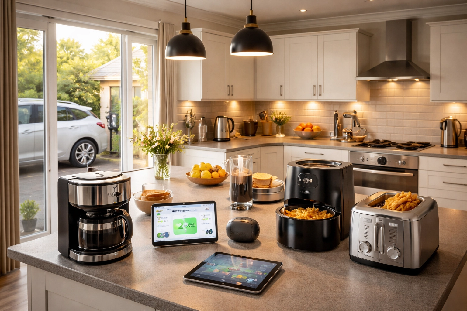 Contemporary British kitchen with various electrical appliances and EV charger installed