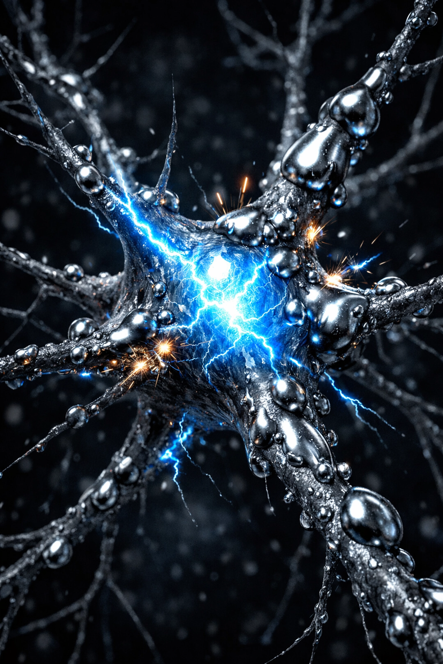 3D visualization of mercury neurotoxicity attacking a human neuron and disrupting electrical signals.