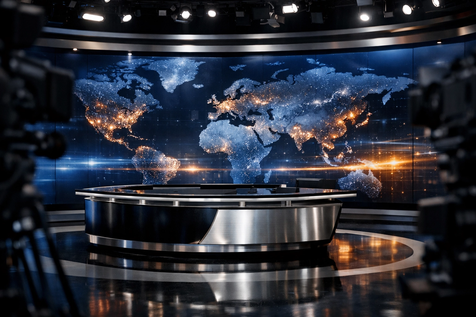 Professional newsroom desk with digital world map for a breaking news alert on business financing trends.