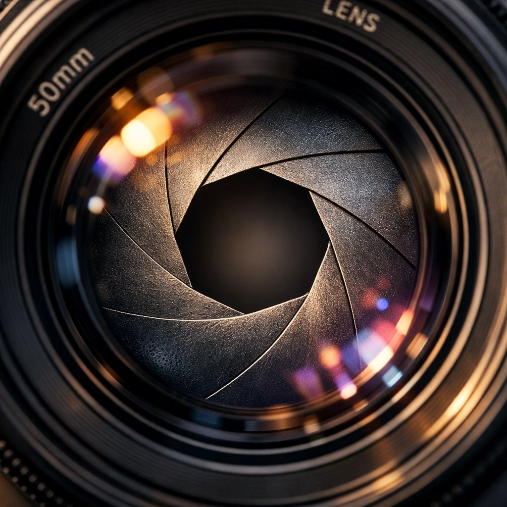Macro shot of a 50mm camera lens aperture, a fundamental tool in photography for beginners.