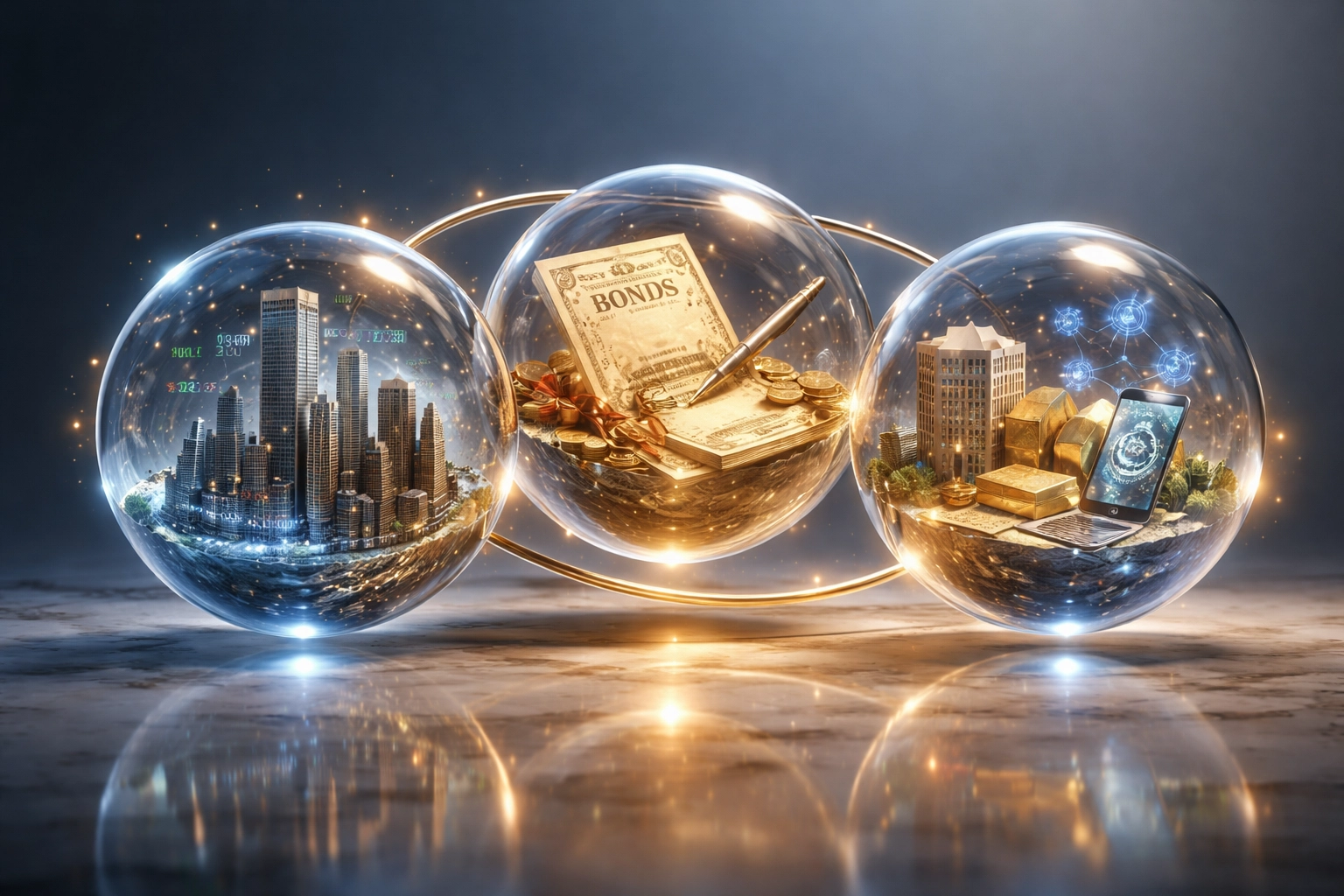 Three interconnected spheres symbolize equities, fixed income, and alternative assets in a diversified 40/30/30 portfolio.
