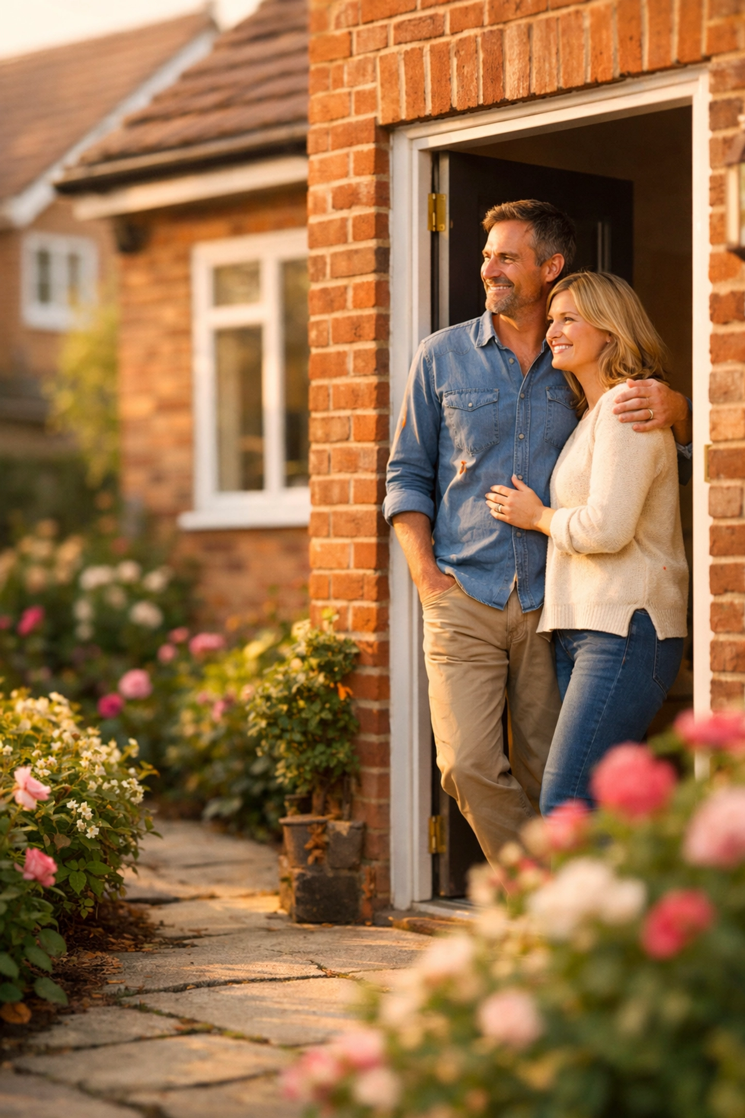 Happy Woking couple at home after saving money with professional remortgage advice from an AJMS broker.