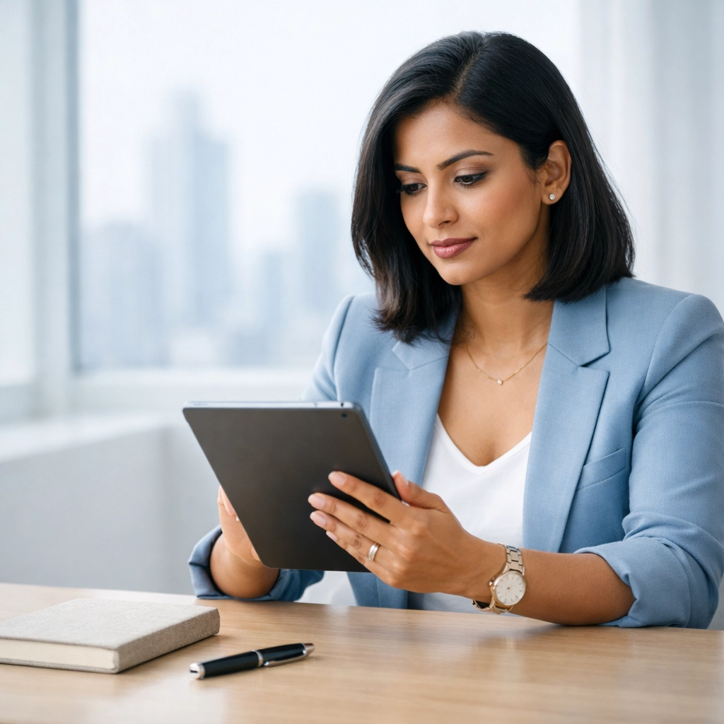Canadian entrepreneur reviewing working capital loan options and business financing on a digital tablet in an office.