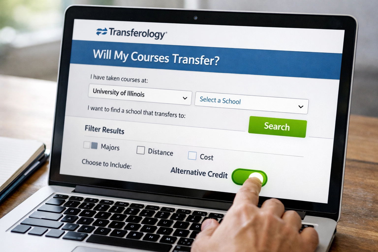 Transferology Alternative Credit toggle for searching CLEP exam policies (1x1, center safe zone)