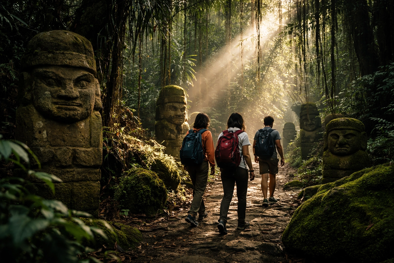 Travelers exploring El Bosque de las Estatuas forest trail surrounded by ancient San Agustín statues