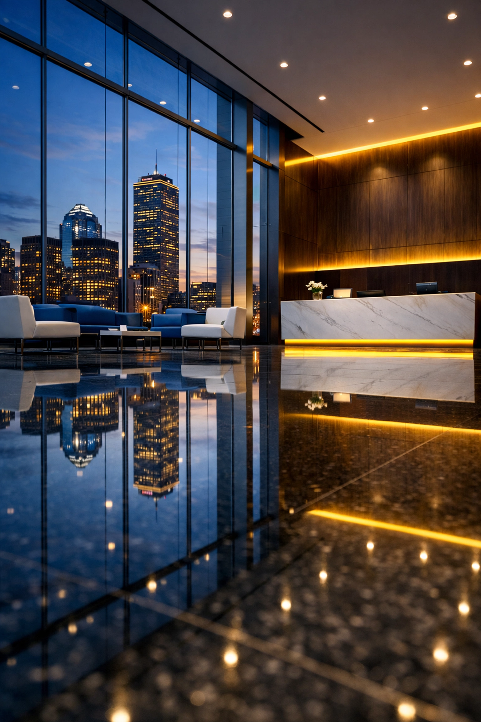 High-end corporate lobby in Boston highlighting expert commercial cleaning services near me.