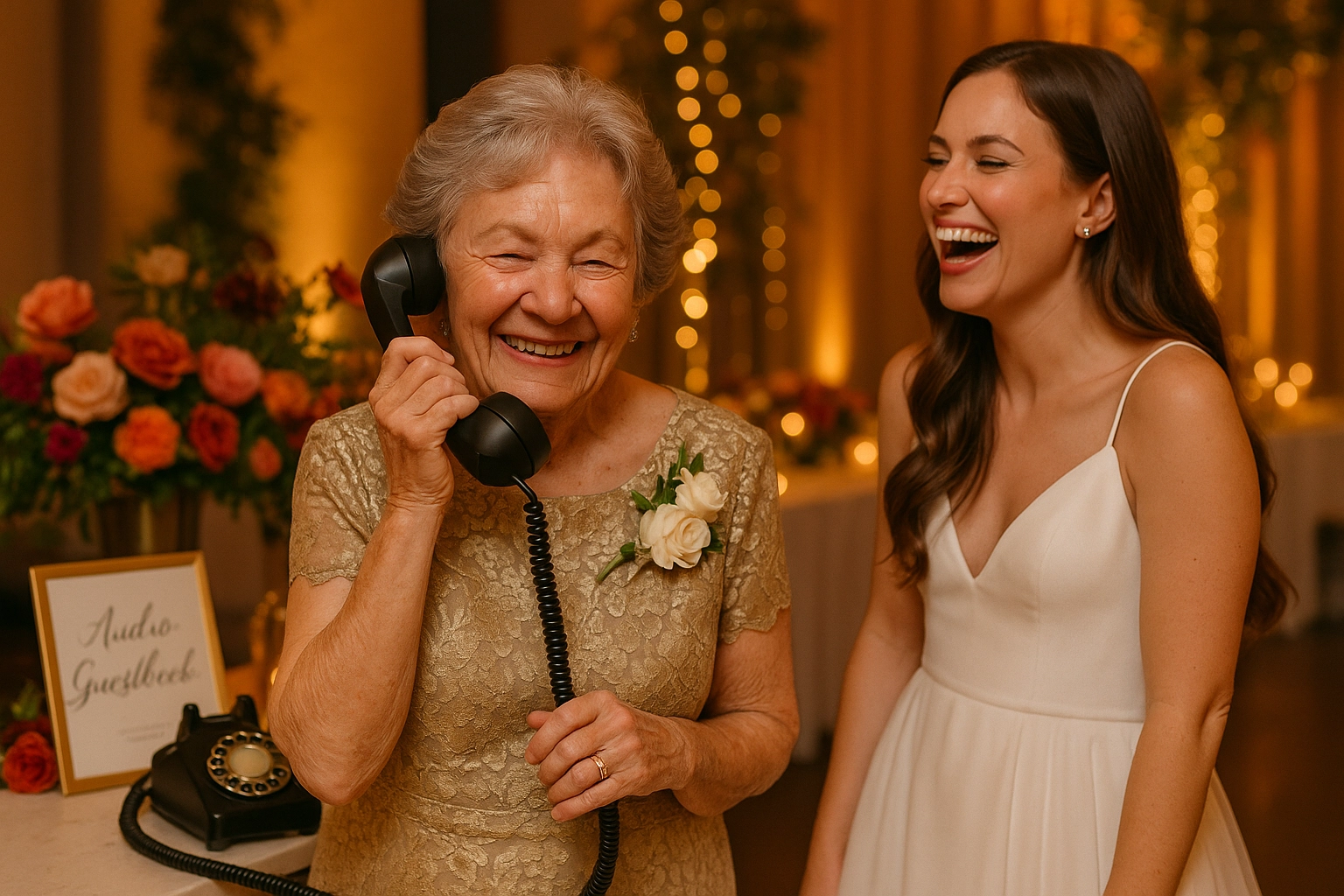 Elderly woman in gold dress holds a phone, smiling, with young woman in white dress laughing beside her. Roses, "Audio Guestbook" sign in background.