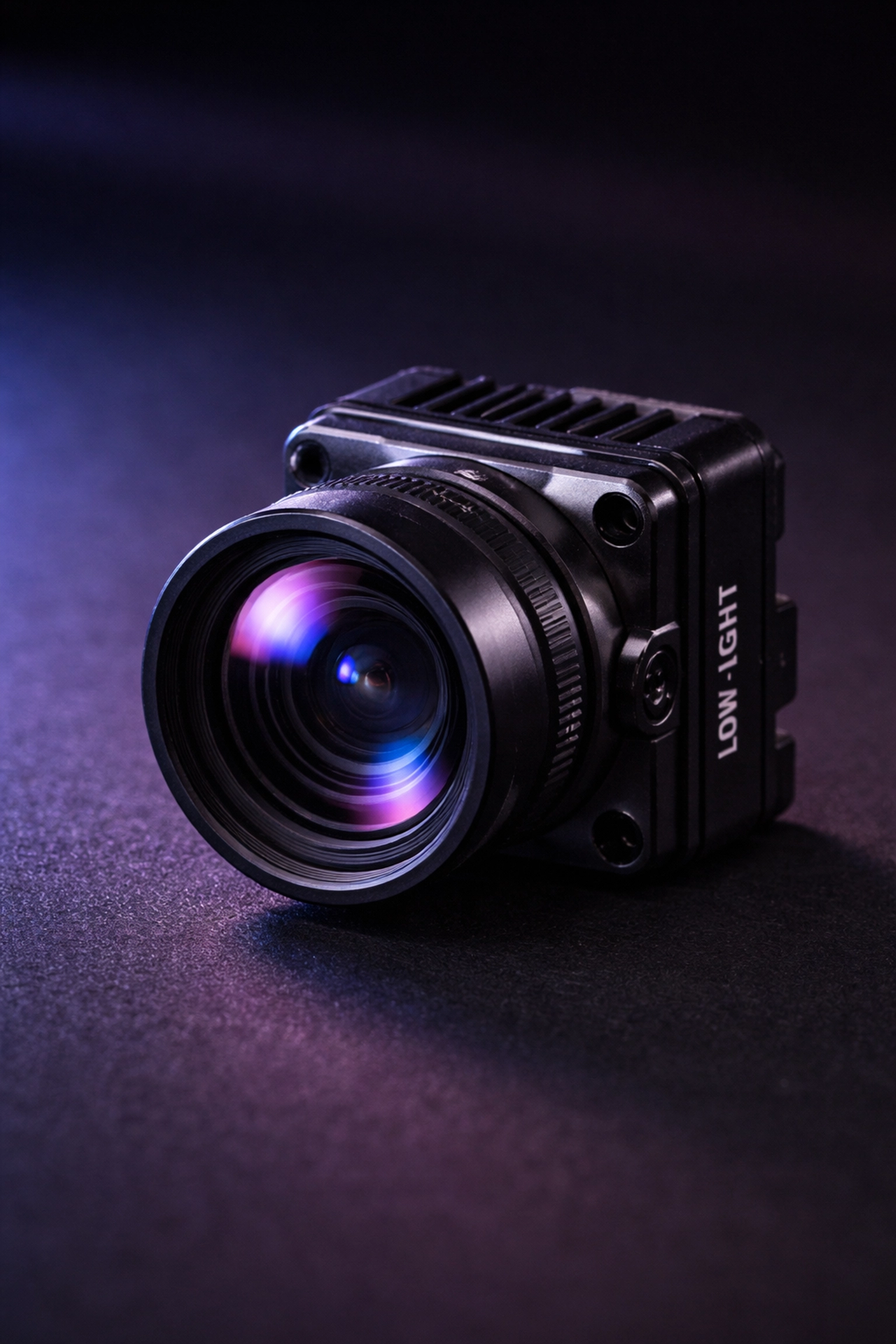 Specialized low-light FPV camera with wide aperture displayed on a dark surface, highlighting lens choice for night flying.