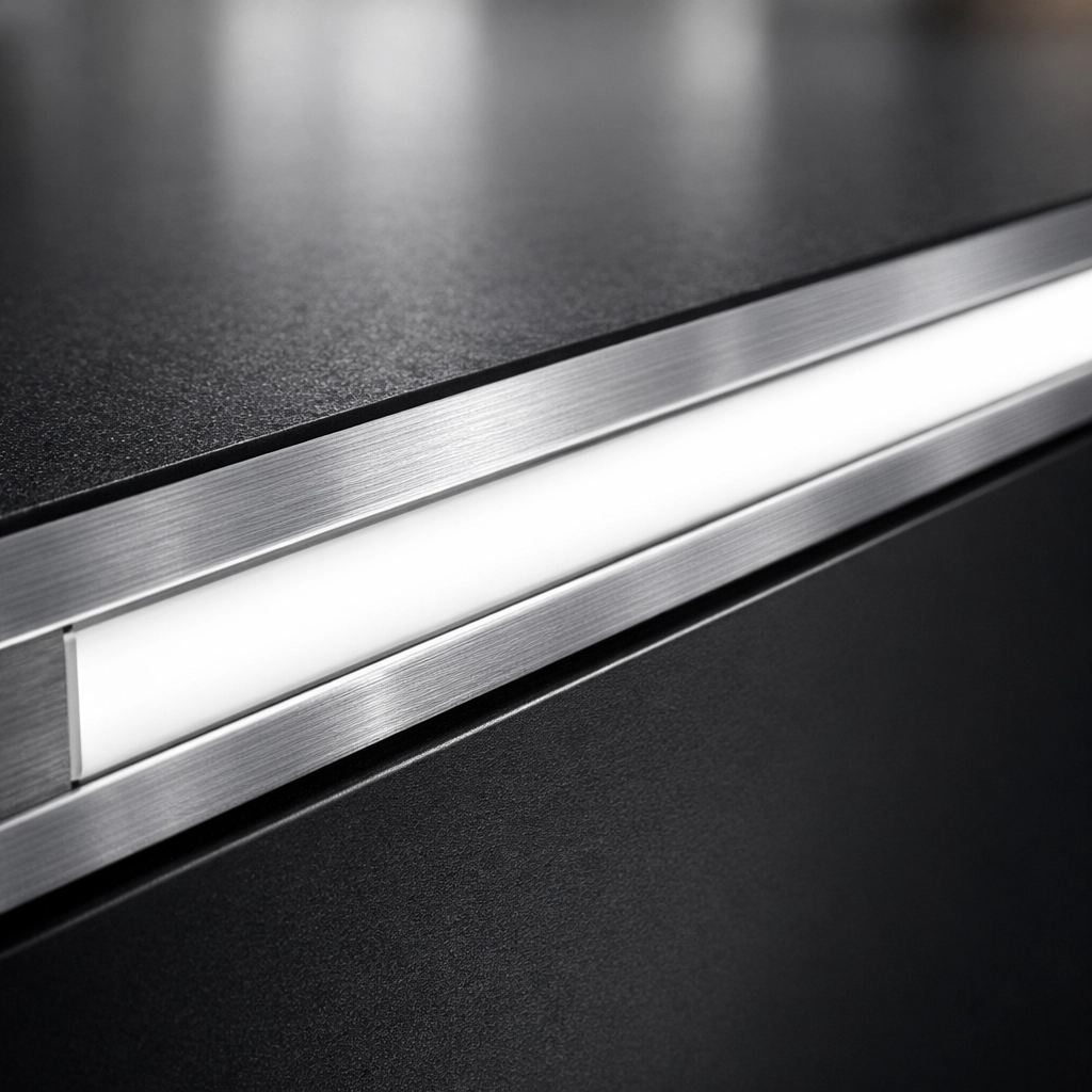 Close-up of a recessed aluminum LED profile and diffuser lens for dot-free cabinet lighting solutions.