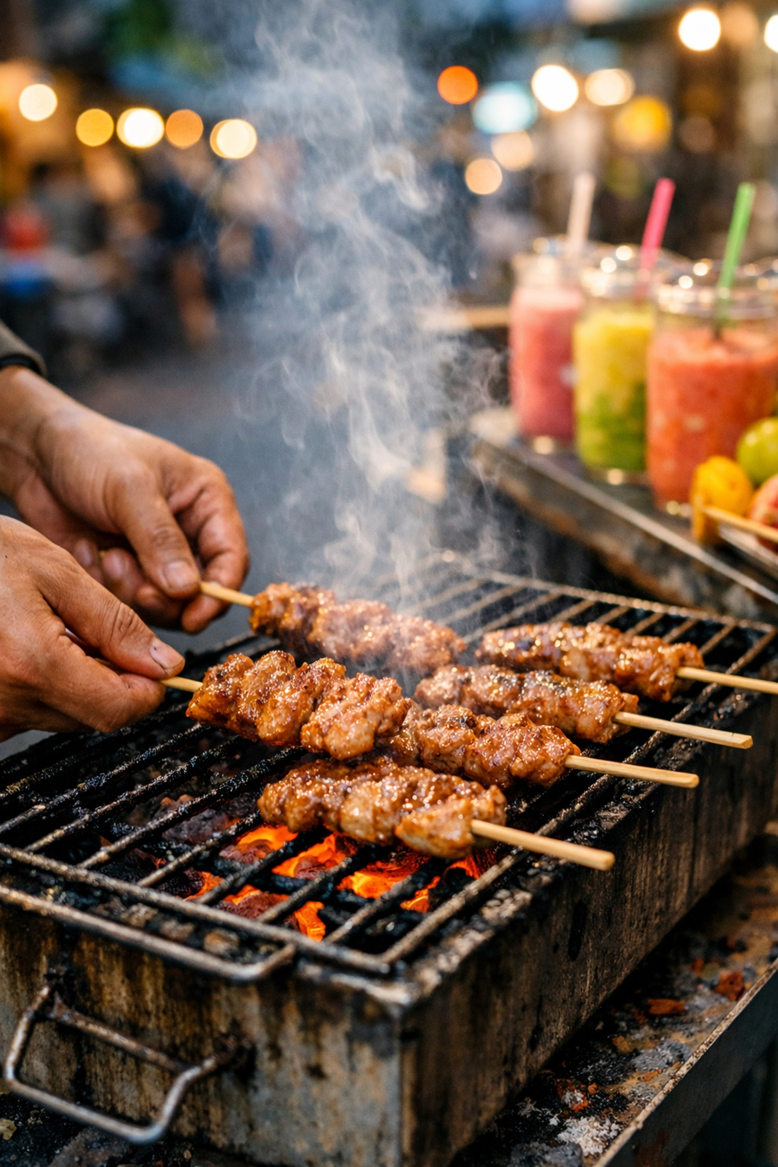 Authentic Thai grilled pork skewers at an On Nut street market, a popular budget travel food in Bangkok.