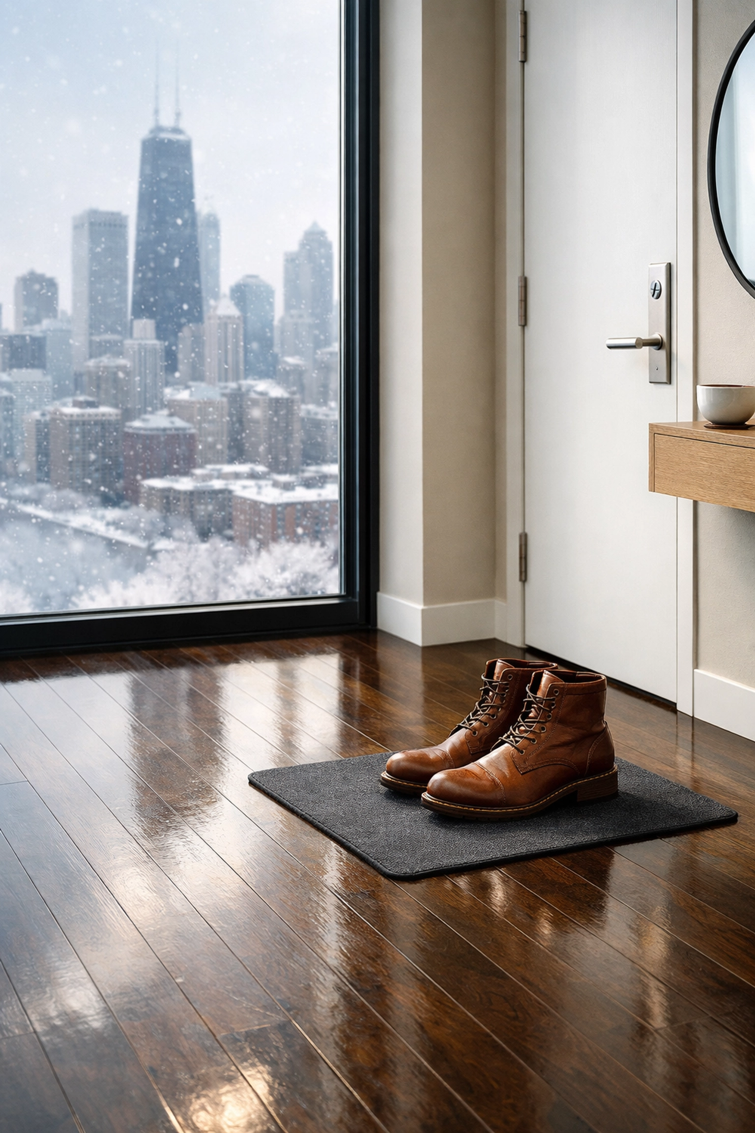 Clean Chicago high-rise apartment entryway with polished hardwood floors during winter.