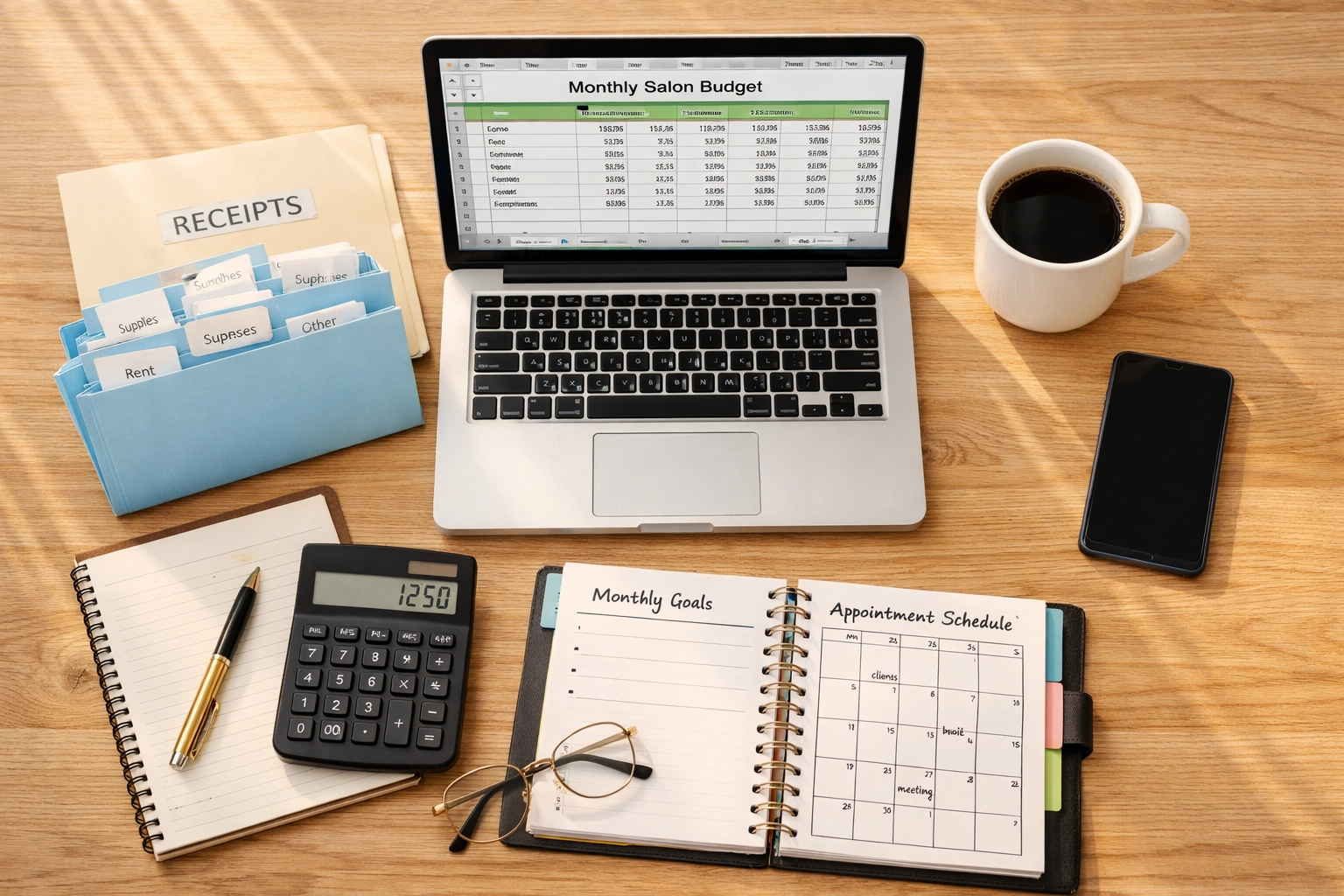 Small business tax planning with expense tracking spreadsheet and organized receipts