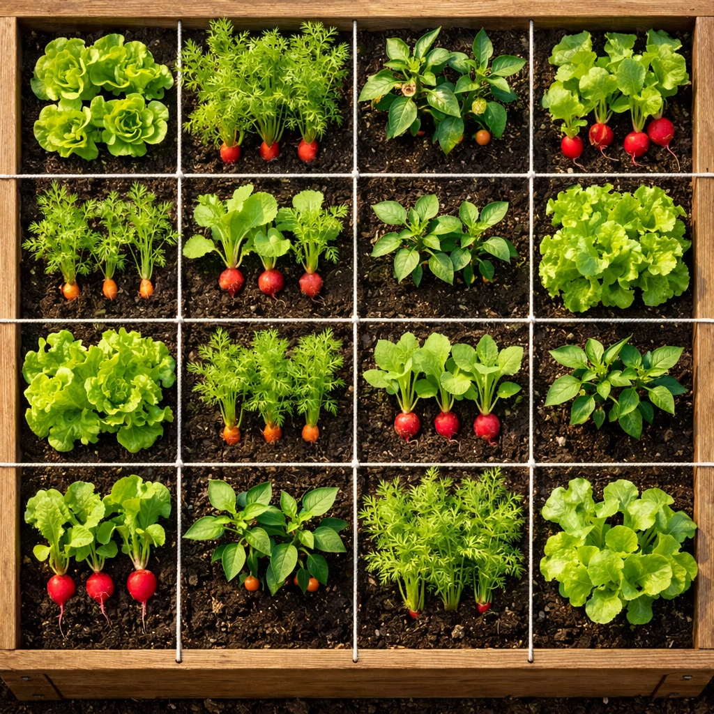 Square foot garden with grid layout showing lettuce, carrots, and peppers in raised bed
