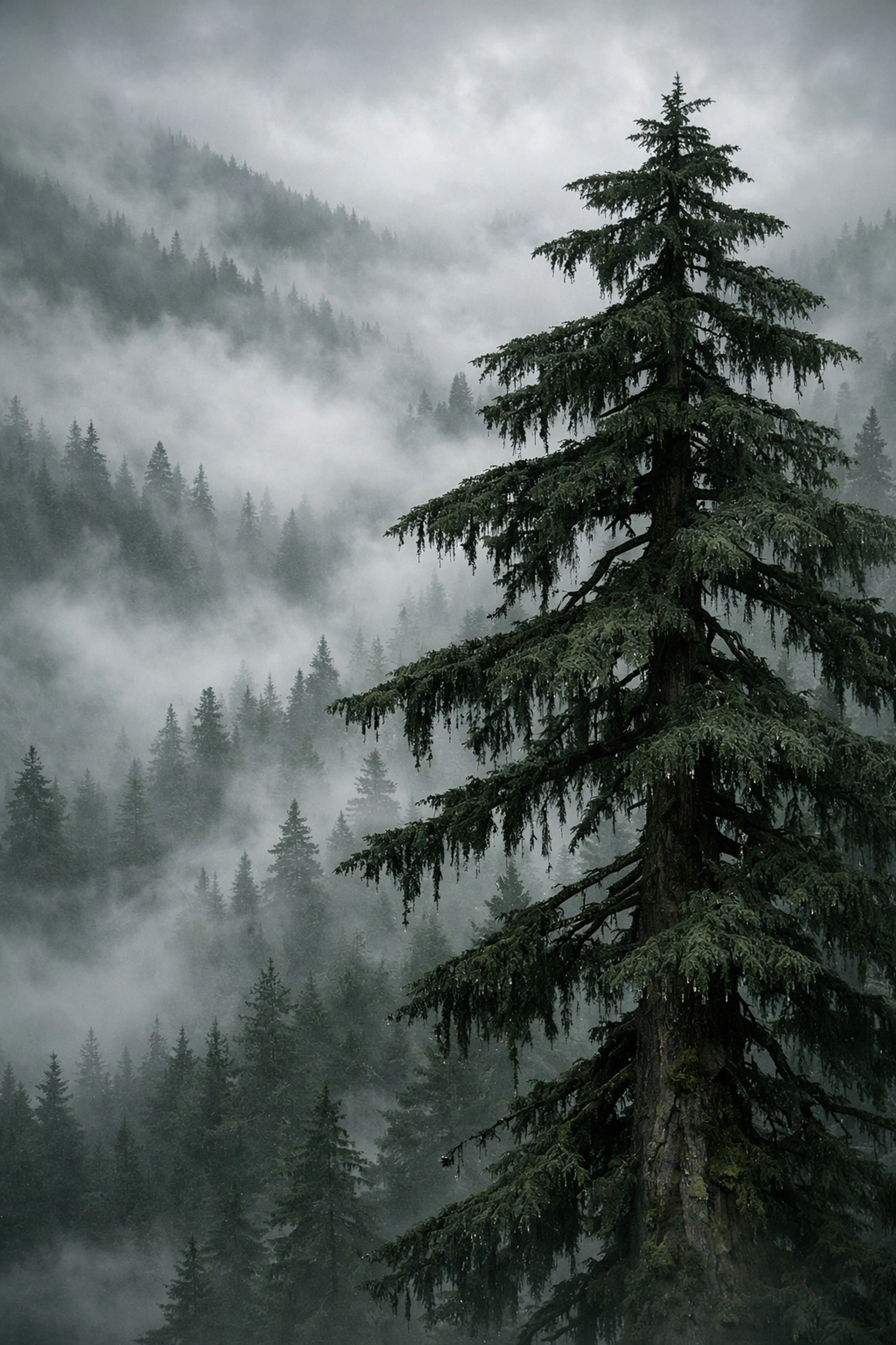 Misty pine forest with fog, capturing atmospheric mood in high-quality landscape photography.