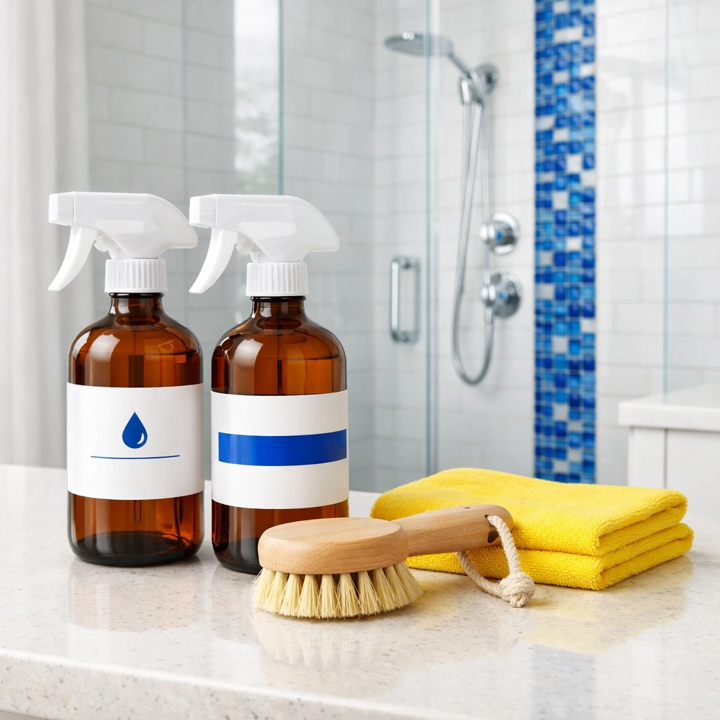 Eco-friendly deep cleaning services using green supplies in a high-end luxury rental bathroom.