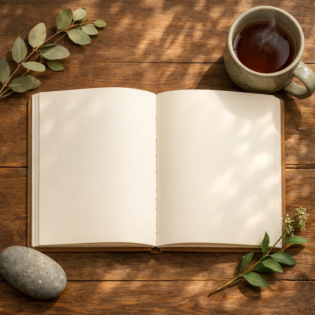 An open journal and tea on a desk, illustrating the quiet reflection needed for a personal healing journey.