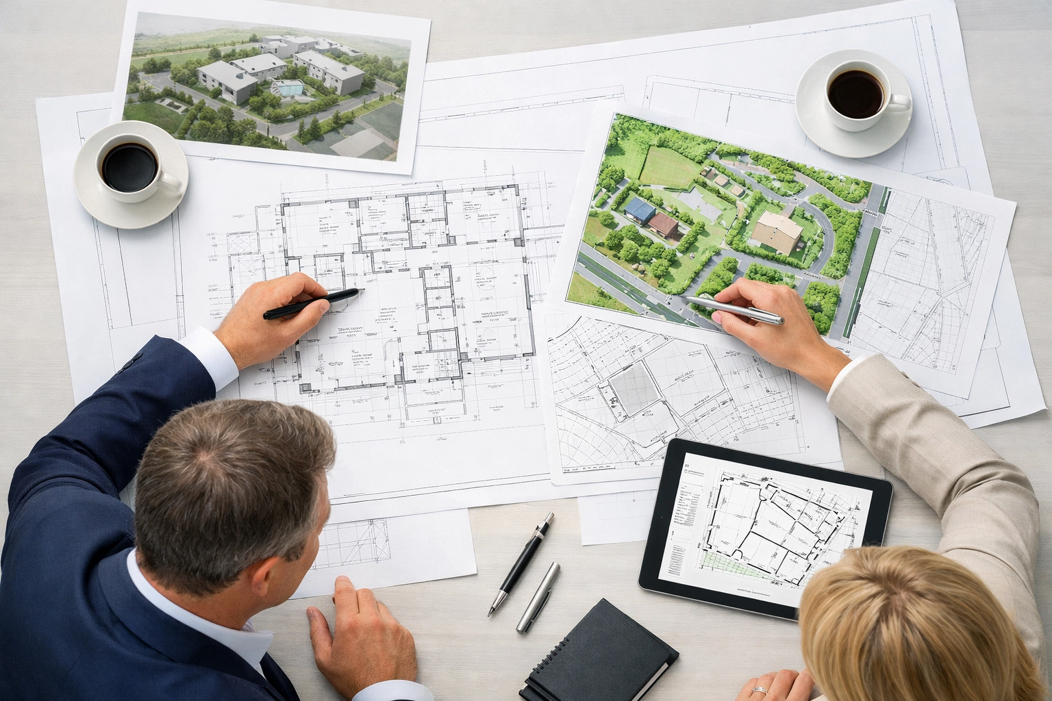 Developers reviewing site plans for flexible off-market land acquisition deal