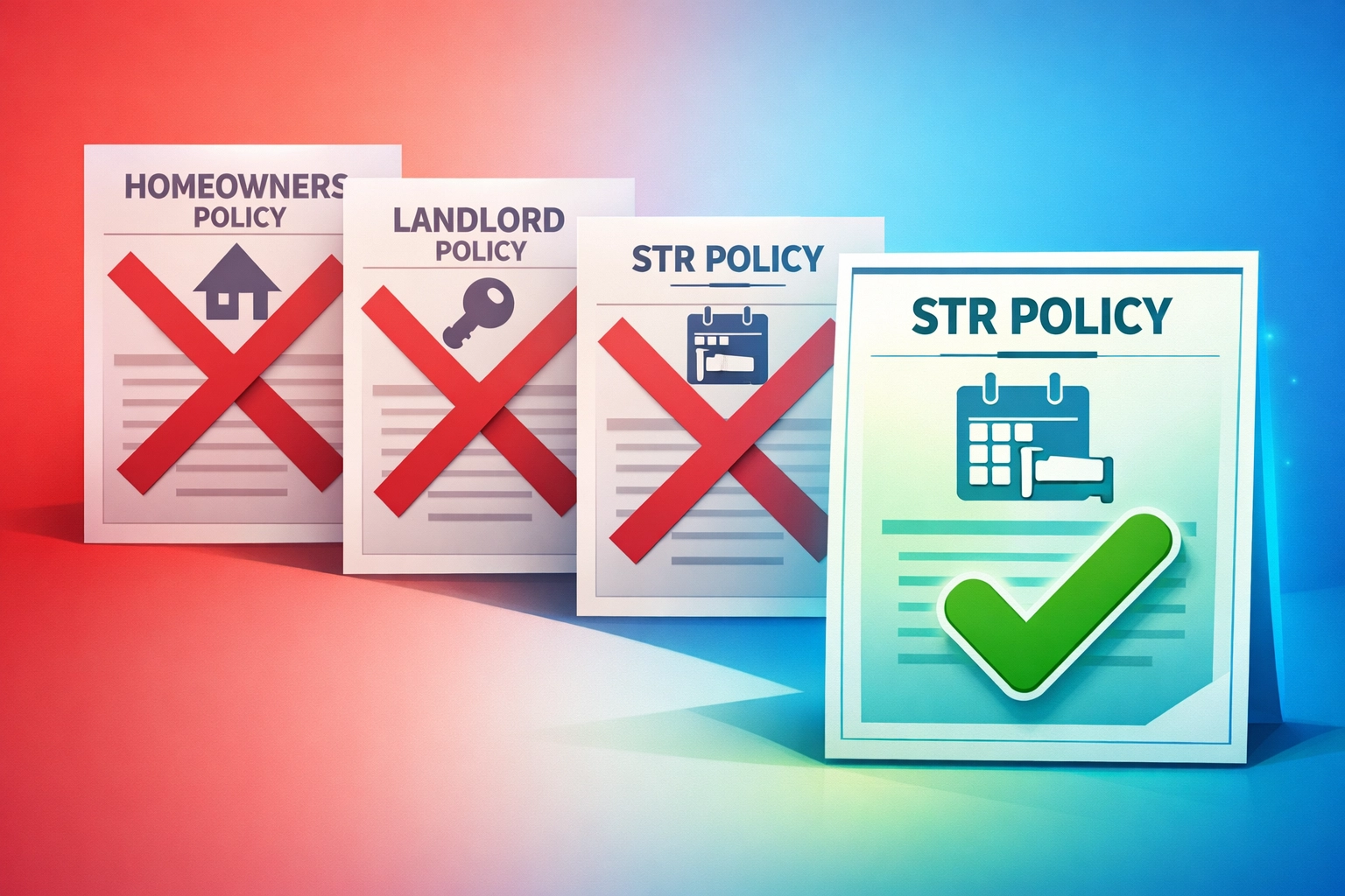 Comparison showing inadequate homeowners and landlord policies versus proper STR insurance
