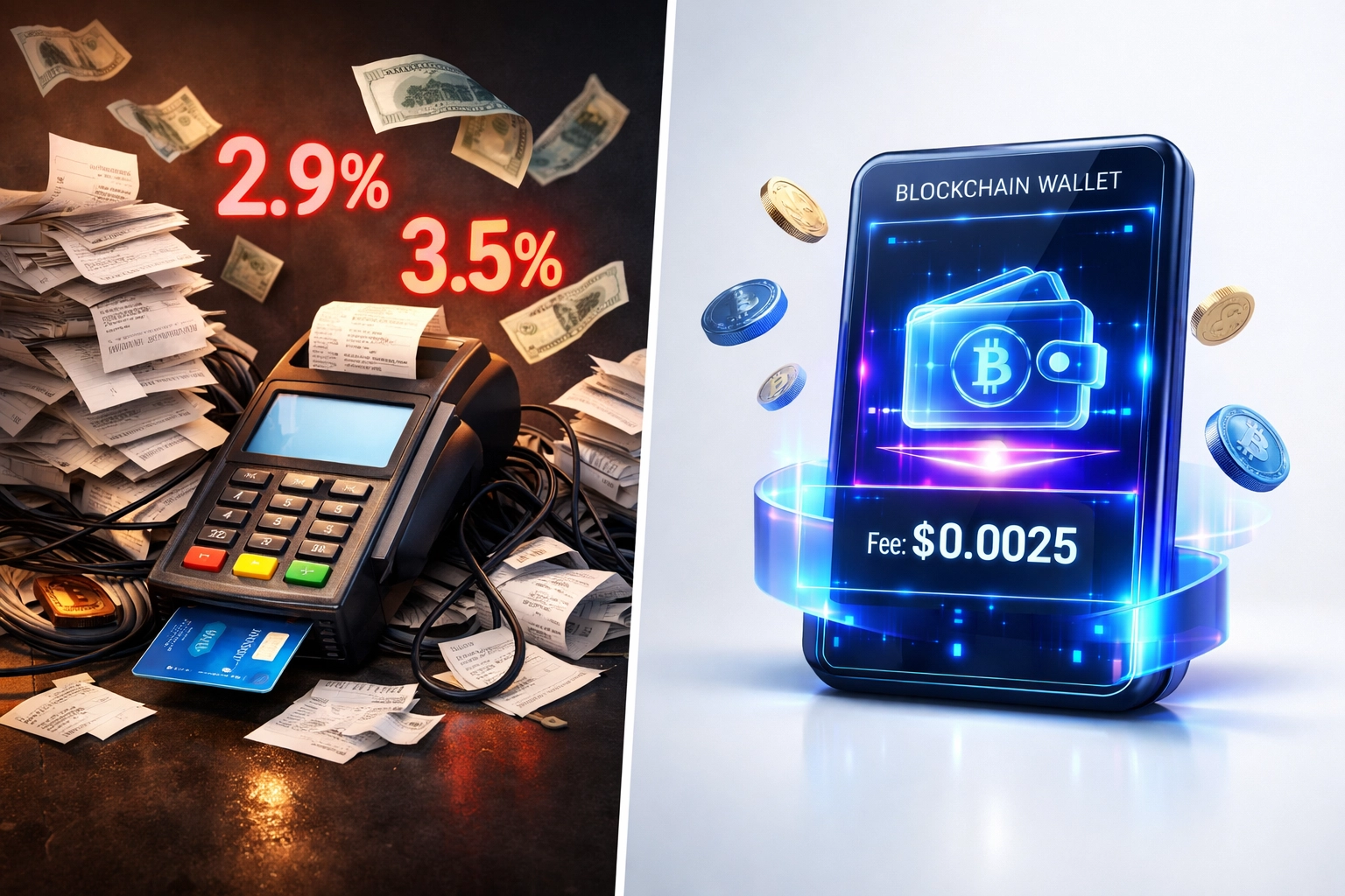 Traditional payment terminal with high fees vs blockchain wallet showing $0.0025 transaction cost