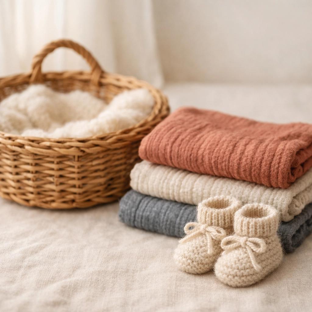 Selection of newborn photography props including wicker baskets and muslin wraps in earthy tones.
