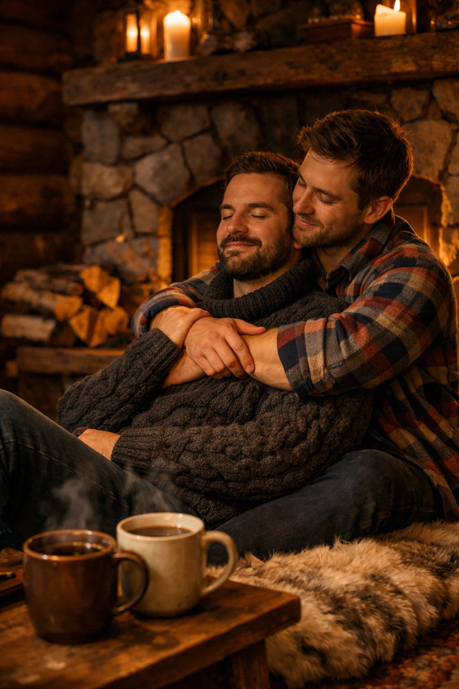 Two men in sweaters cuddling by a fireplace in a snowy Scandinavian cabin, reflecting the hygge trope in MM romance.
