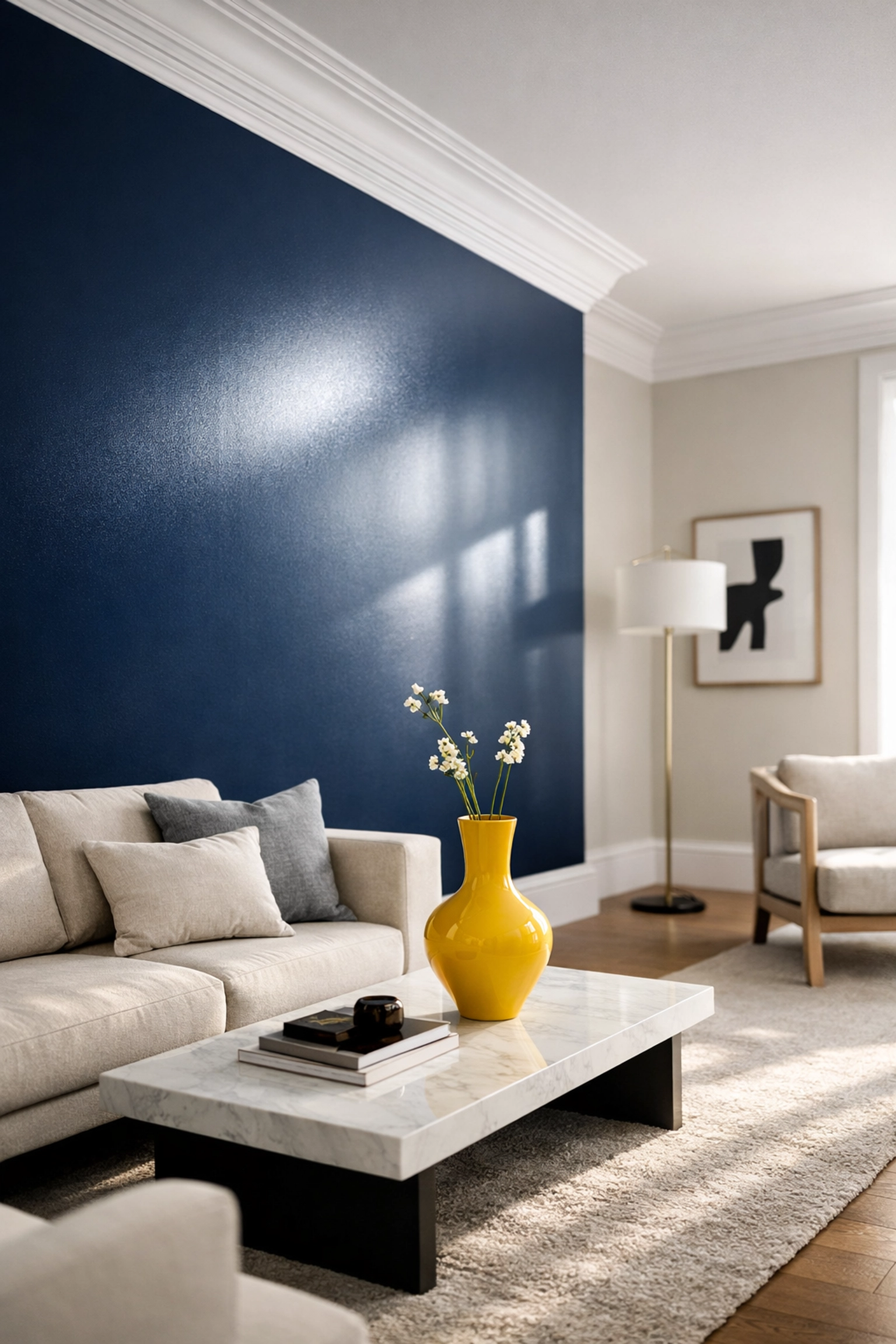 Modern living room with a pristine navy blue accent wall showing an eggshell paint finish.