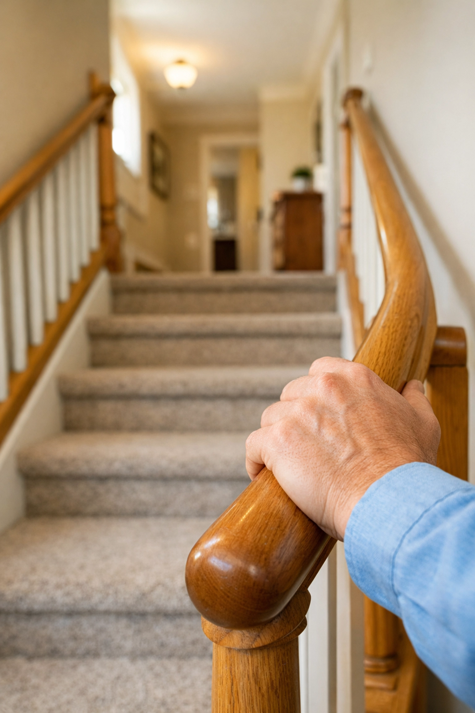 Person securely gripping a sturdy wooden handrail on a staircase with dual rails for home safety.