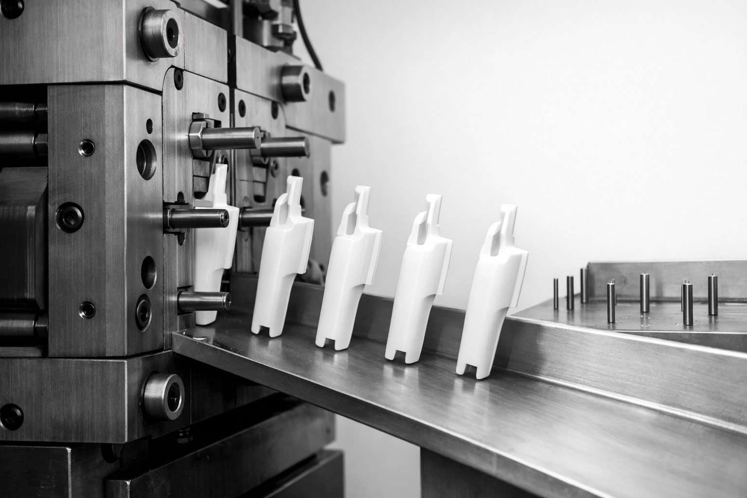 Detalle de inyección de plástico: máquina y piezas saliendo del molde